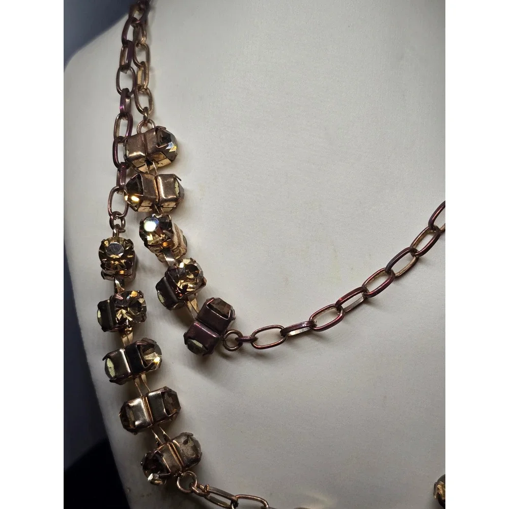 Vintage Estate Amber Crystal Double Strand Necklace Gold Tone Tarnished Patina